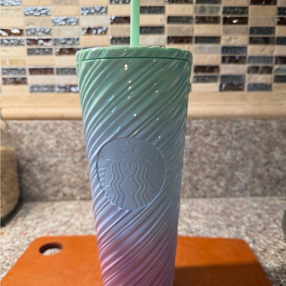 Starbucks Mint Green to Pink Swirl Tumbler with Straw